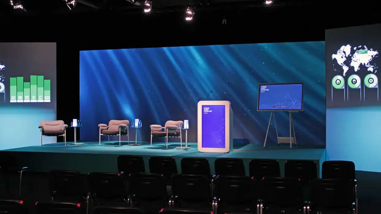 3 LED Wänder 1 Bühne mit 3 Stühlen und 1 Rednerpult in einerm Blau-Grünen stil
